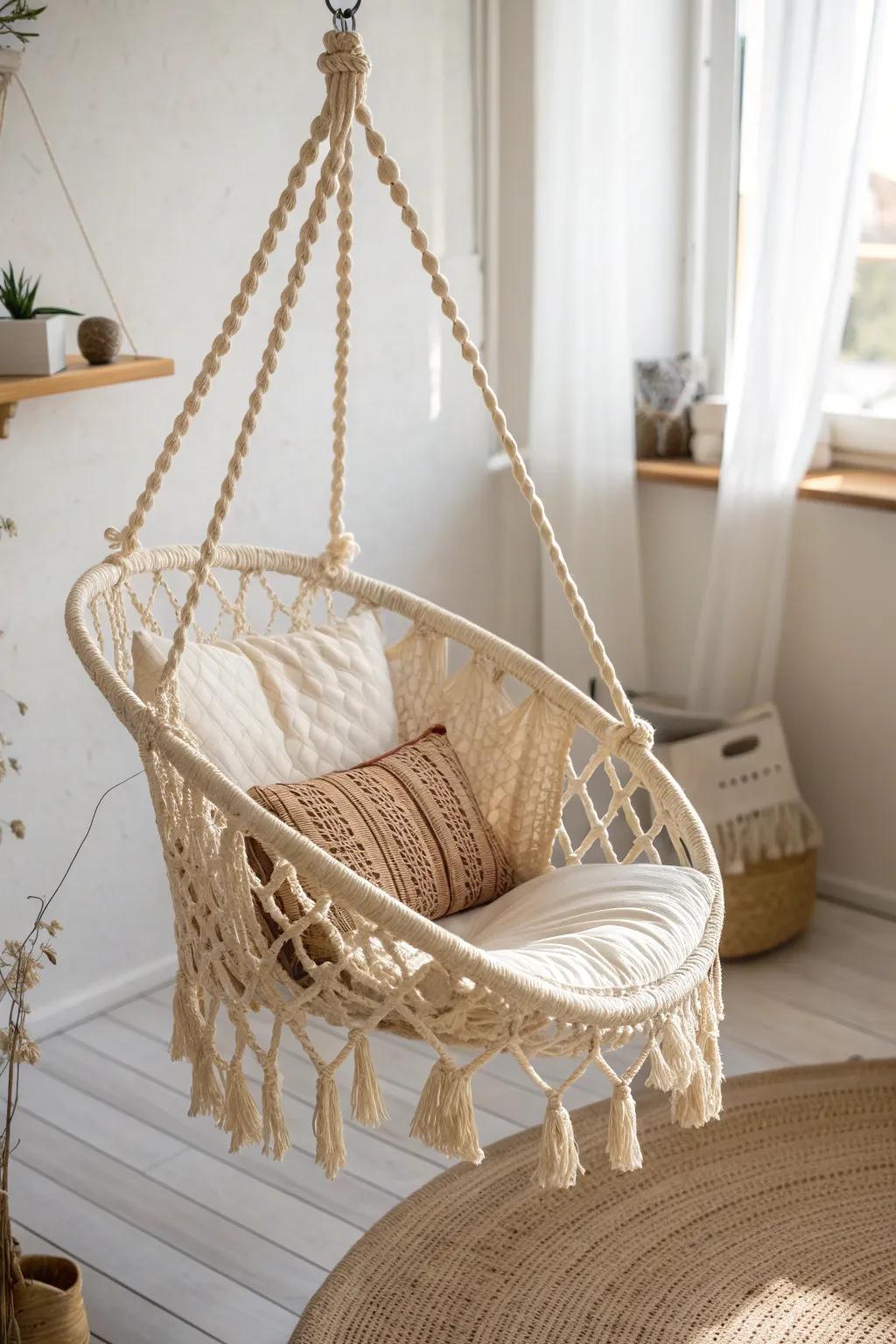 A cozy hanging chair adds playful seating without the visual weight of a sofa.