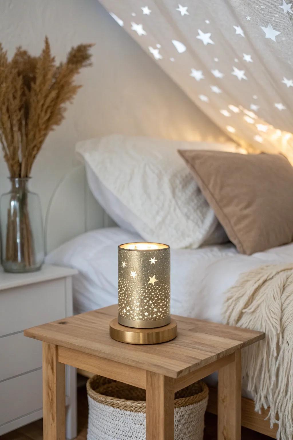 A ceiling projector adds a dreamy, clutter-free glow—like sleeping under a calm sky.