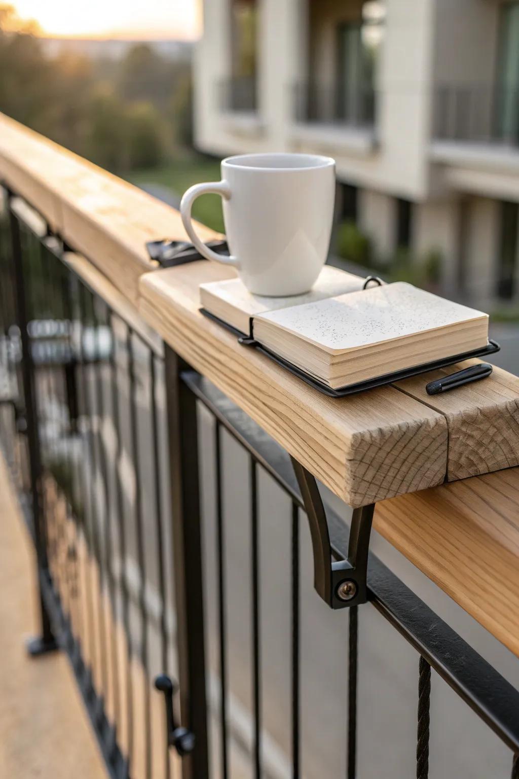 A rail-mounted coffee ledge turns the tiniest balcony into a sunrise journaling nook.