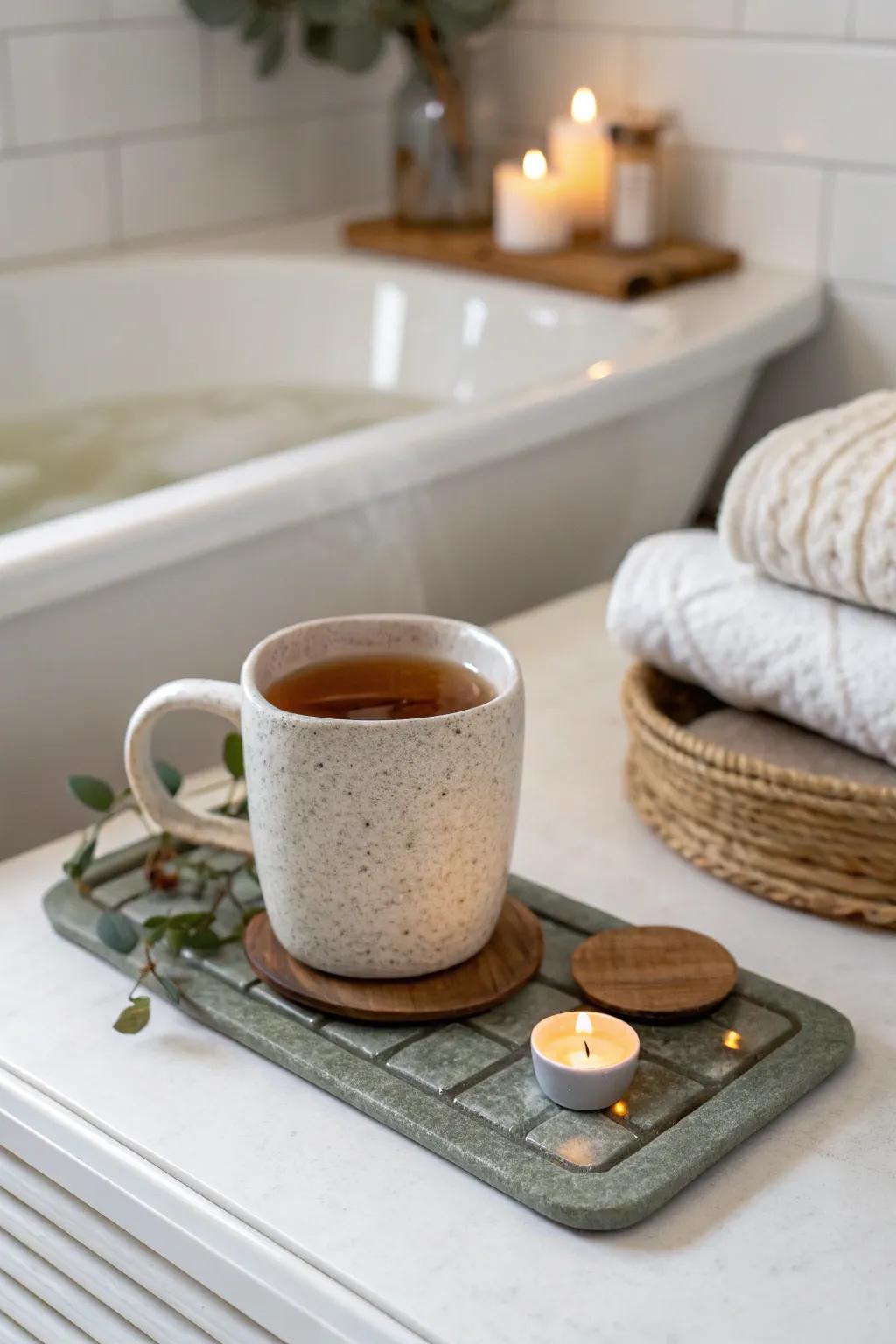 A tiny tea station by the tub turns your soak into a cozy, spa-like ritual.
