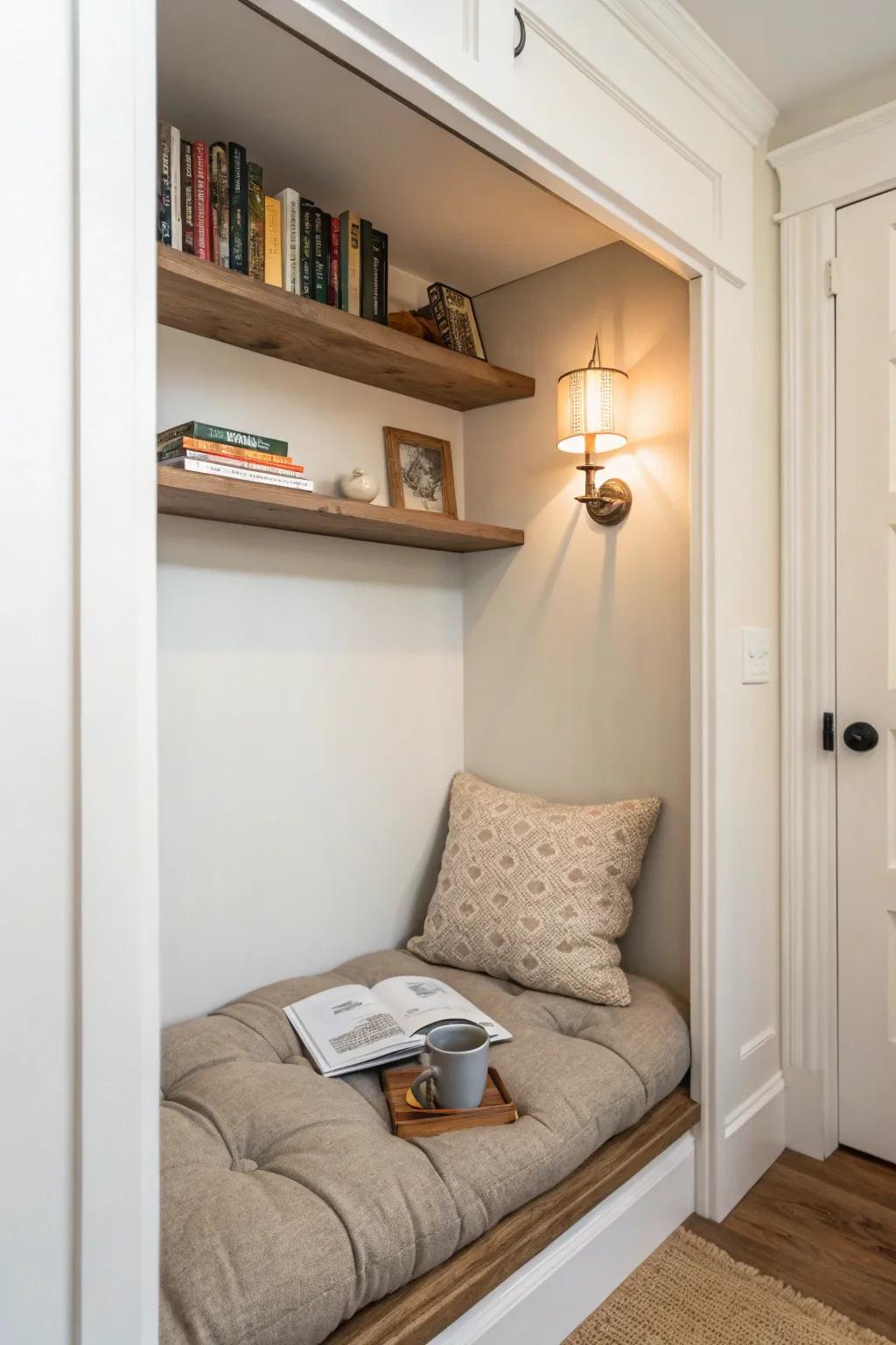 Turn a shallow closet into a mini den—linen cushion nook, tiny lamp, and a tea-ready shelf.