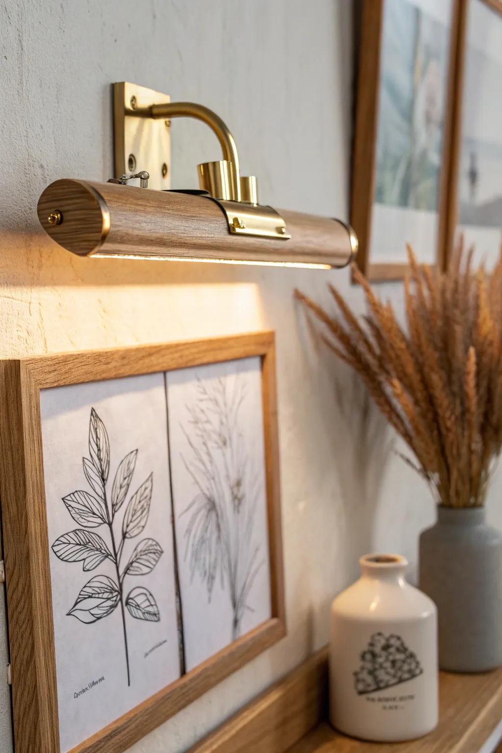 A simple clip-on picture light turns hallway art into a warm, cozy evening moment.