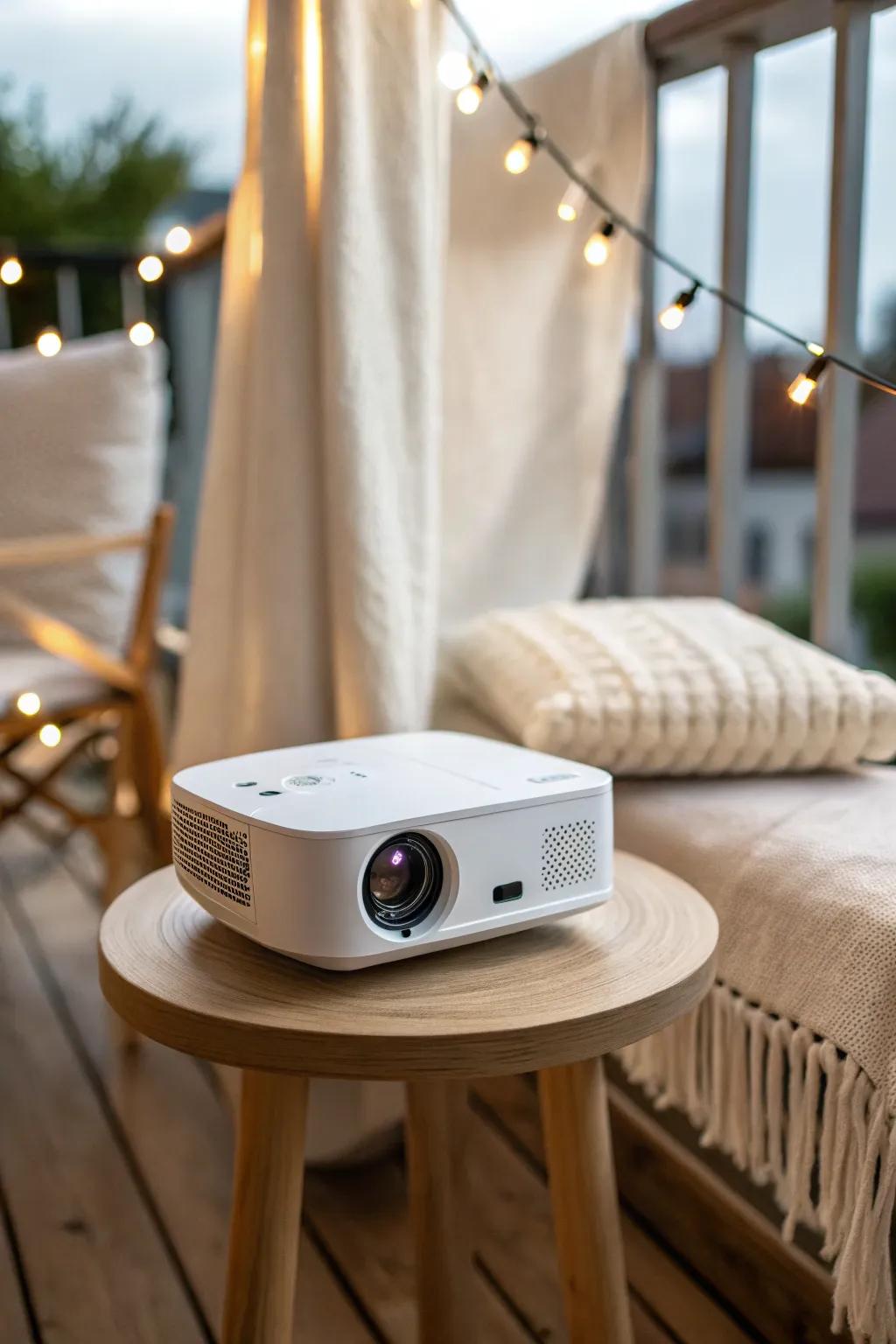 A tiny balcony, one mini projector, and cozy layers—your dreamy micro movie nook at home.