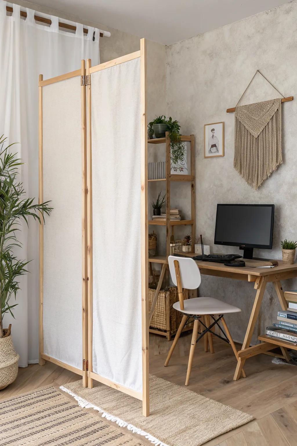 A sleek screen divider that separates your workspace by day and becomes movie night magic.