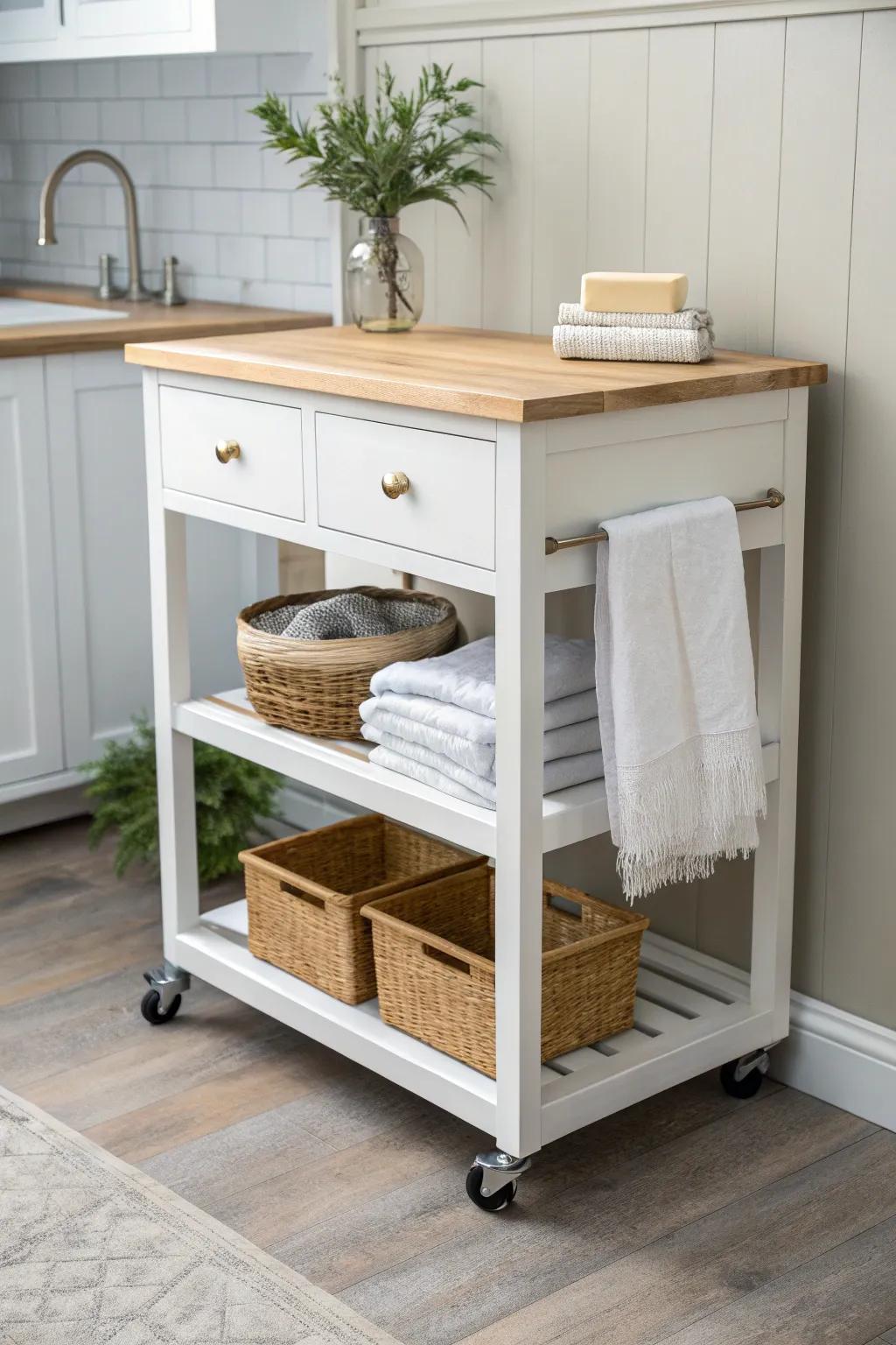 Slim rolling closet island cart adds a fold-and-sort surface plus hidden storage in small closets.