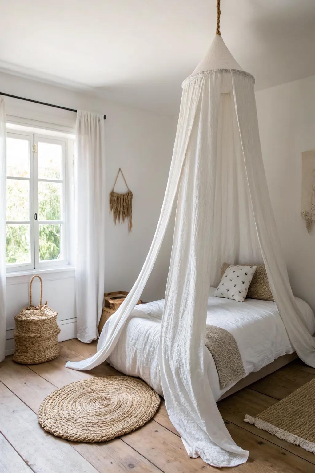 A simple linen canopy instantly turns a plain bed into a dreamy, cute apartment escape.