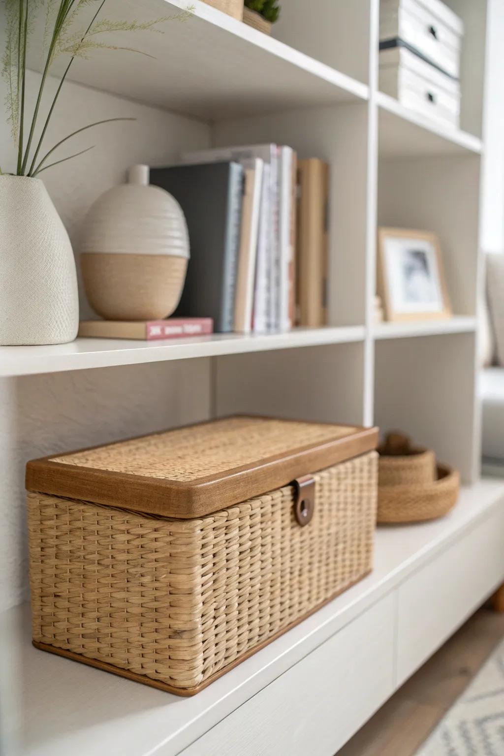Balance built-in shelves by mixing shapes—trade a round vase for a sleek rectangular box.