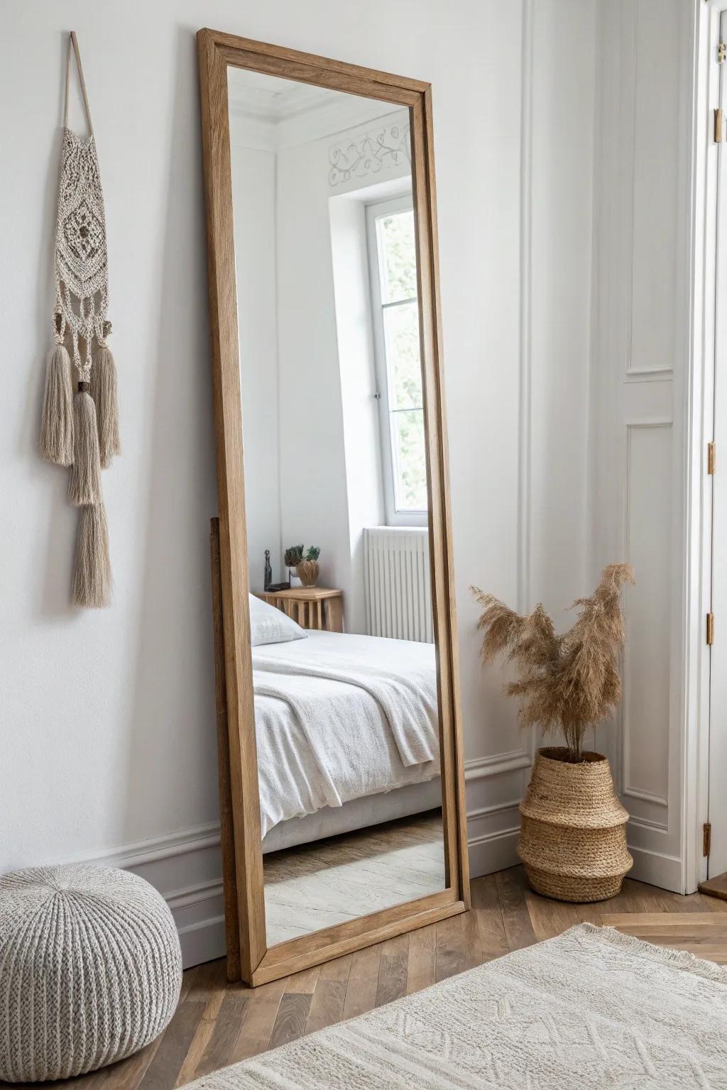 Mirrored closet doors instantly brighten small bedrooms and replace the need for a bulky dresser mirror.