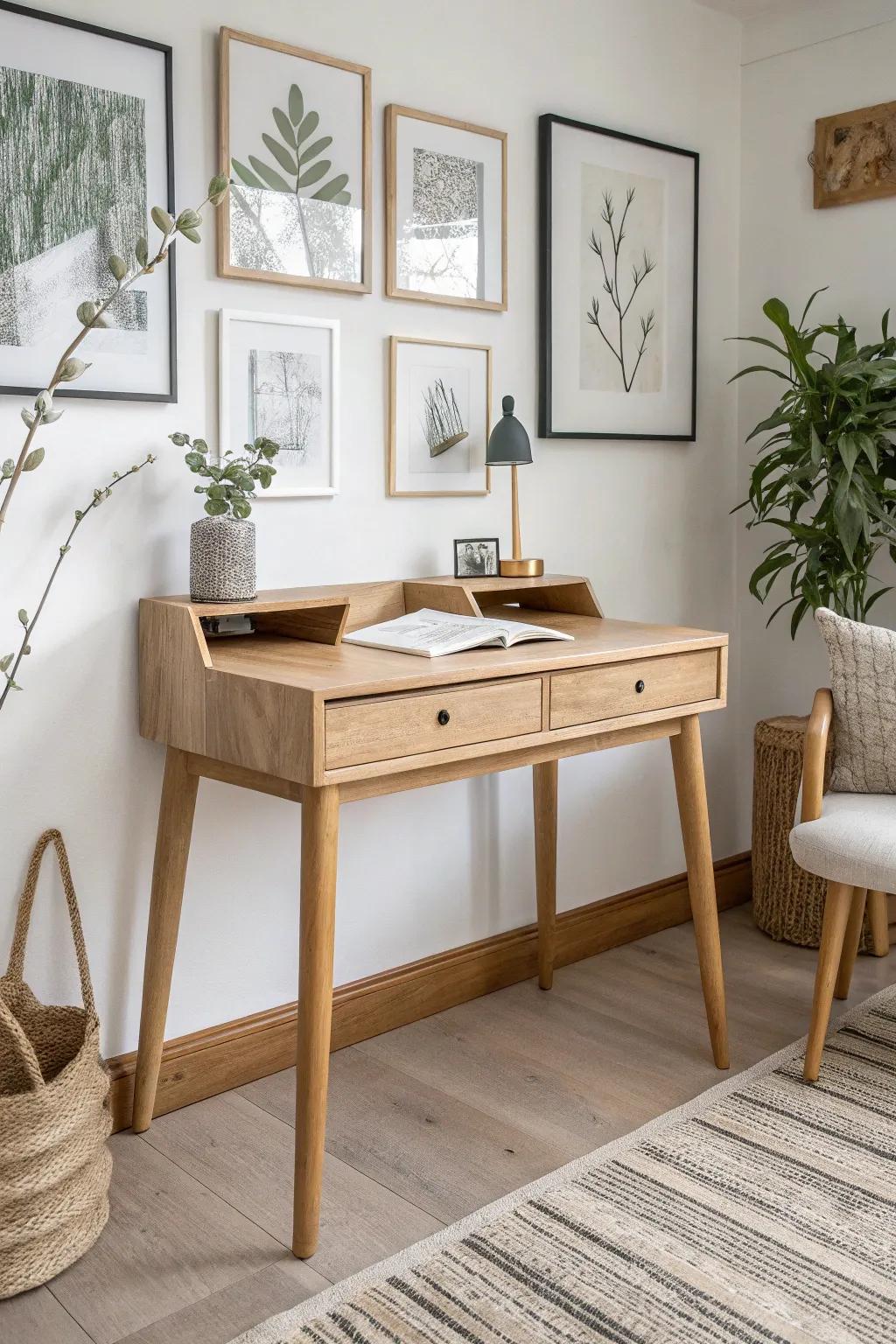 A slim oak desk melts into a gallery wall—small-space style that feels like decor, not work.