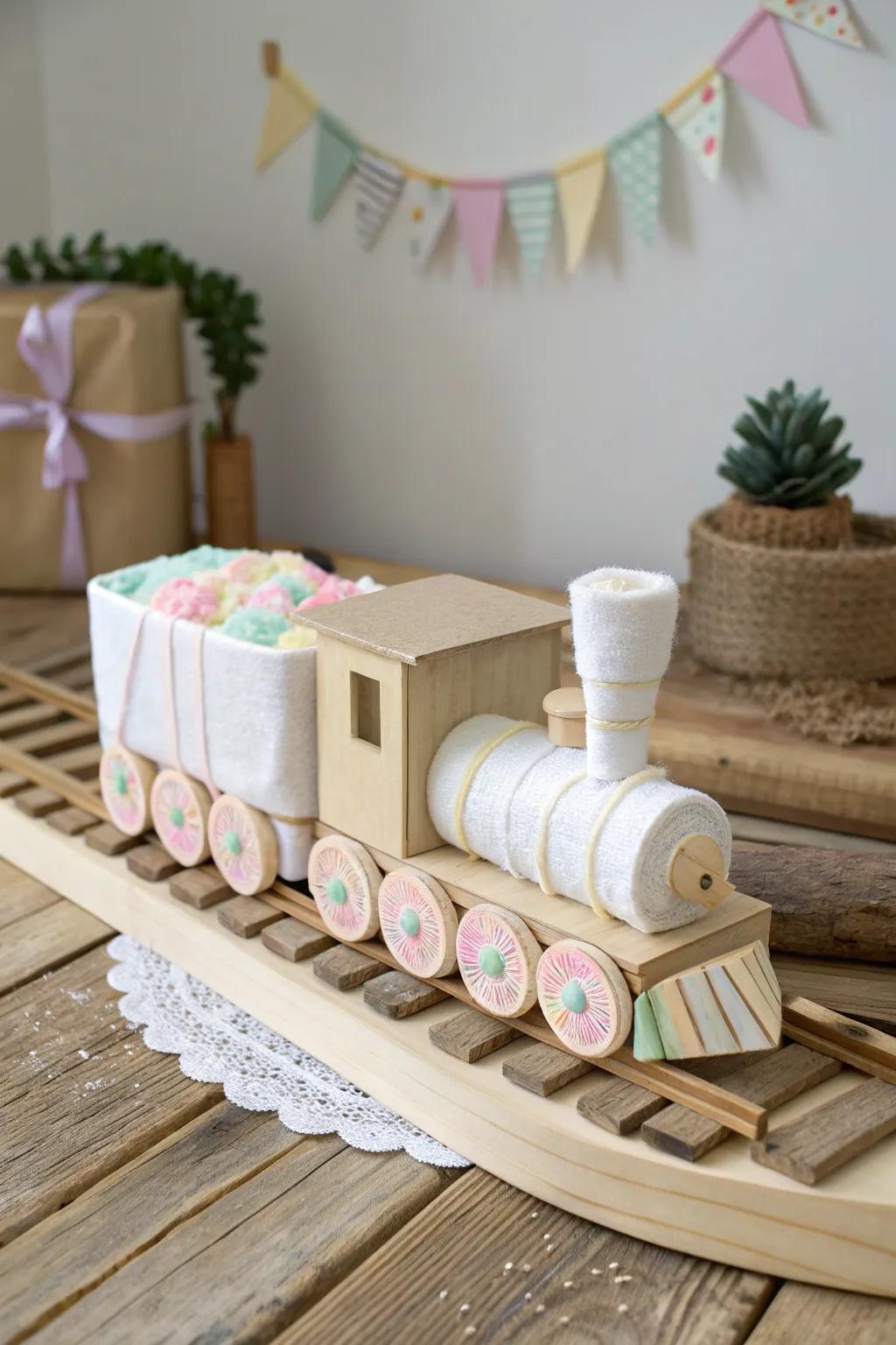 All aboard the cutest journey with this charming diaper train cake, perfect for welcoming twin bundles of joy!