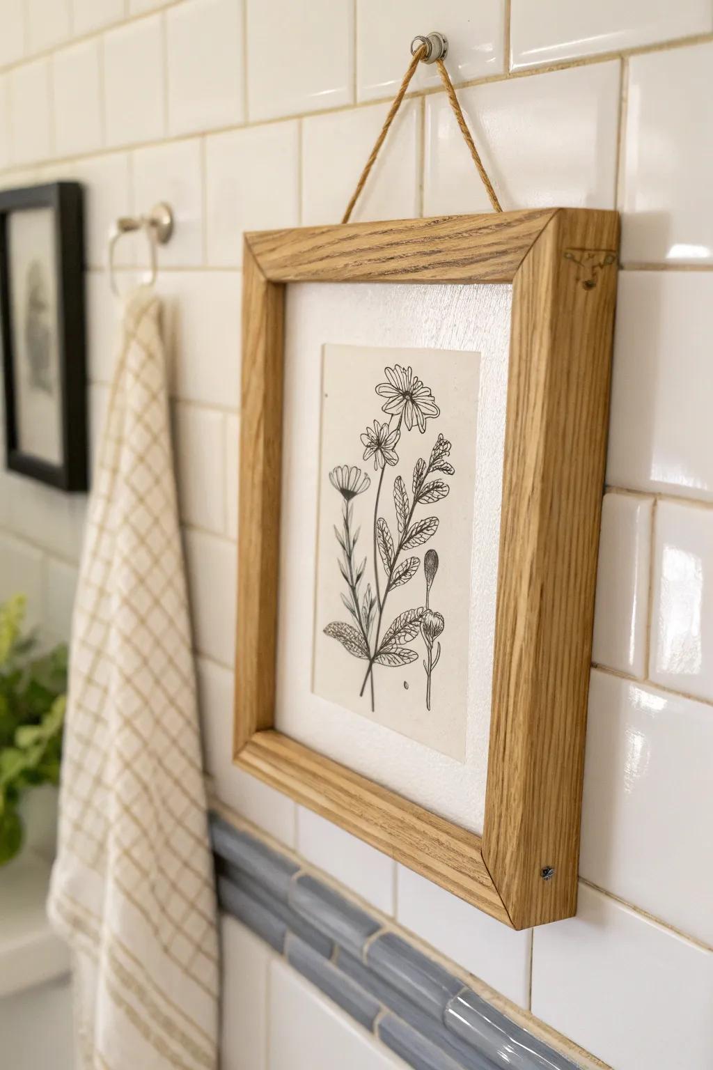 Thrifted frame + simple print = a chic mini gallery vibe—budget-friendly bathroom glow-up.