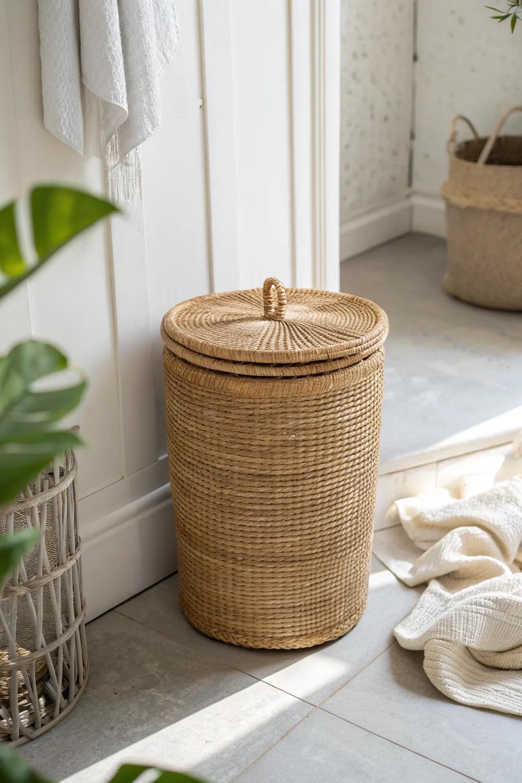 A simple lidded trash can instantly makes a small bathroom corner feel cleaner and styled.