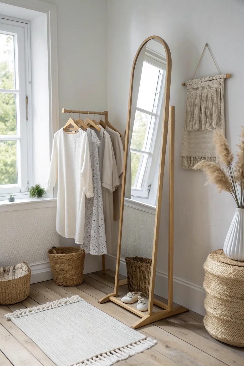 A space-saving mirror-panel rack that reflects light and keeps outfits beautifully on display.