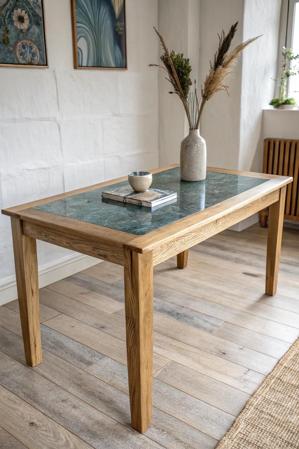 A sleek oak table with a glossy epoxy river—minimal wood, maximum wow in small spaces.