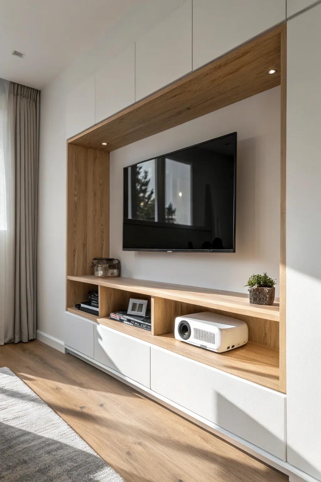 A sleek wall niche hides a pull-down screen—tiny shelf, mini projector, instant DIY home theater.