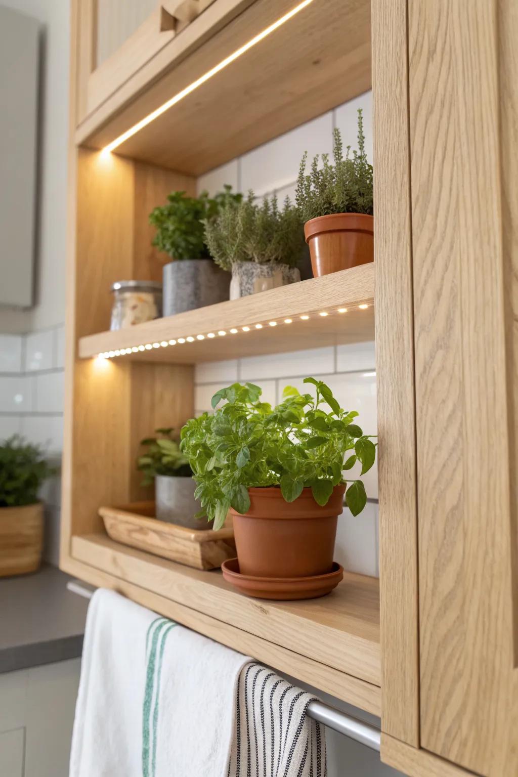 Turn your hutch into a glowing herb shelf—fresh basil year-round with a hidden grow light.
