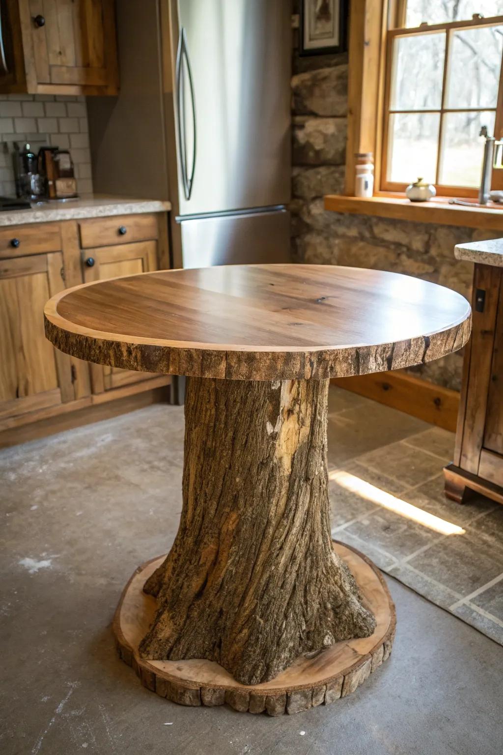 Transform your kitchen with the rugged elegance of a tree stump base table, where nature meets craftsmanship.