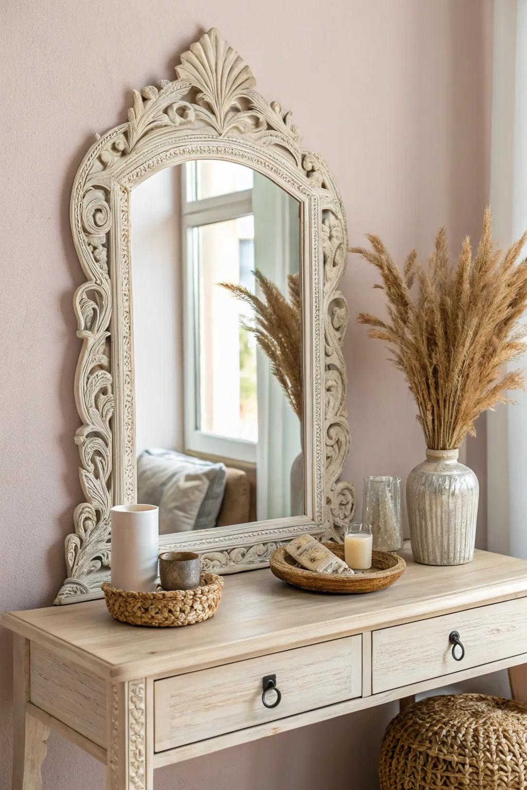 Transform your space with a vintage mirror that adds charm and elegance to your DIY makeup vanity. ✨ #VintageFinds #ScandiBoho
