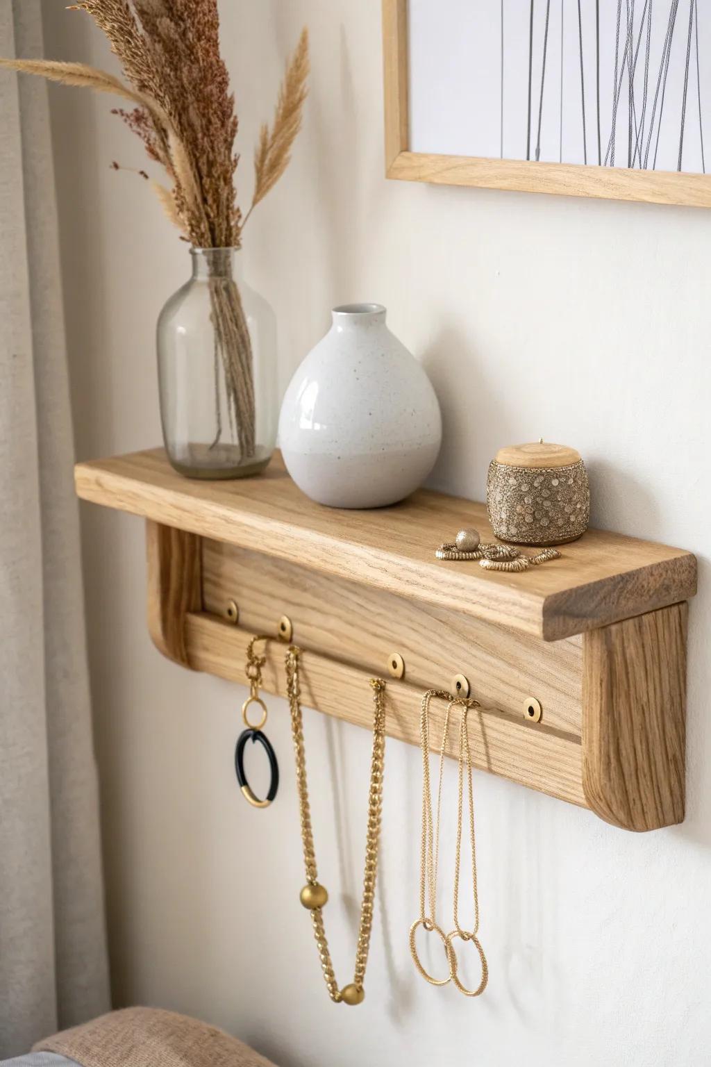 A tiny oak shelf with hidden hooks—pretty, minimal, and perfect for tangle-free mornings.