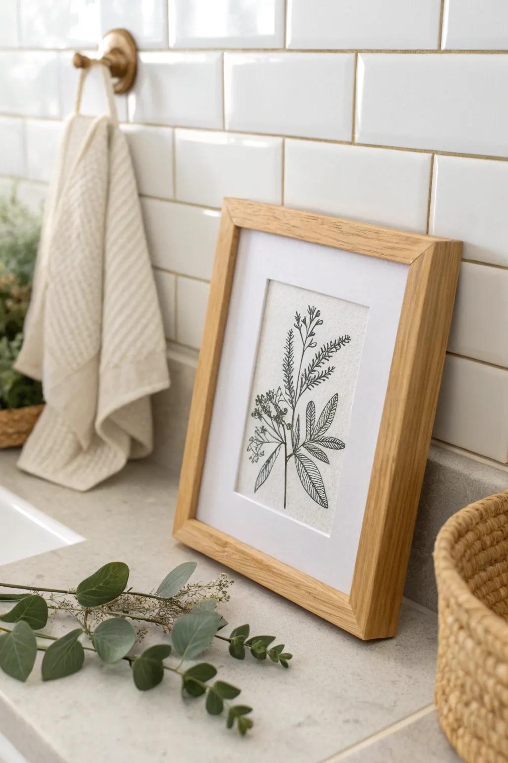 A mini sealed frame brings gallery-wall charm to steamy bathrooms—simple, cozy, durable.