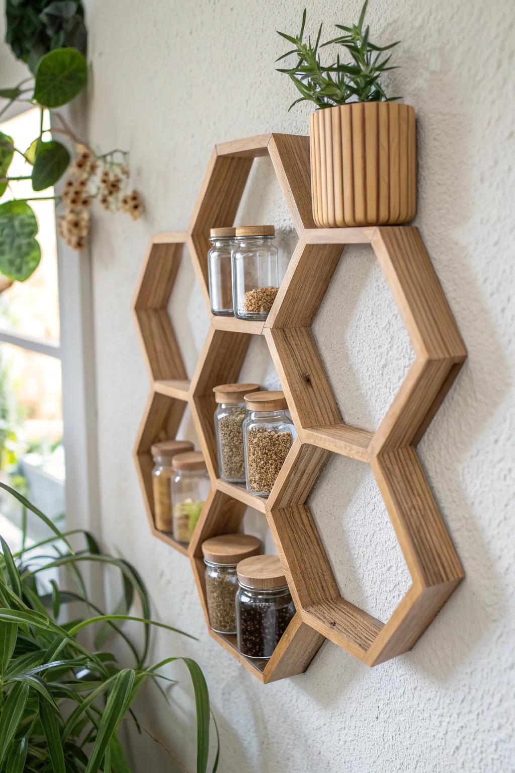 Honeycomb oak spice rack that doubles as wall art—sleek, minimal, and beautifully organized.