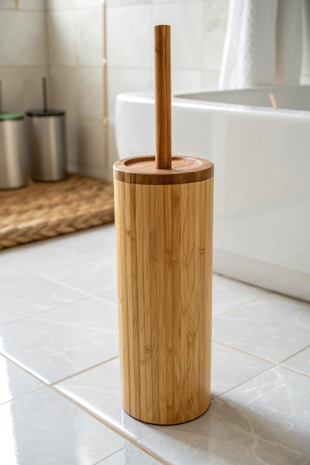 Elevate your bathroom decor with a touch of zen using this handcrafted bamboo cylinder holder.