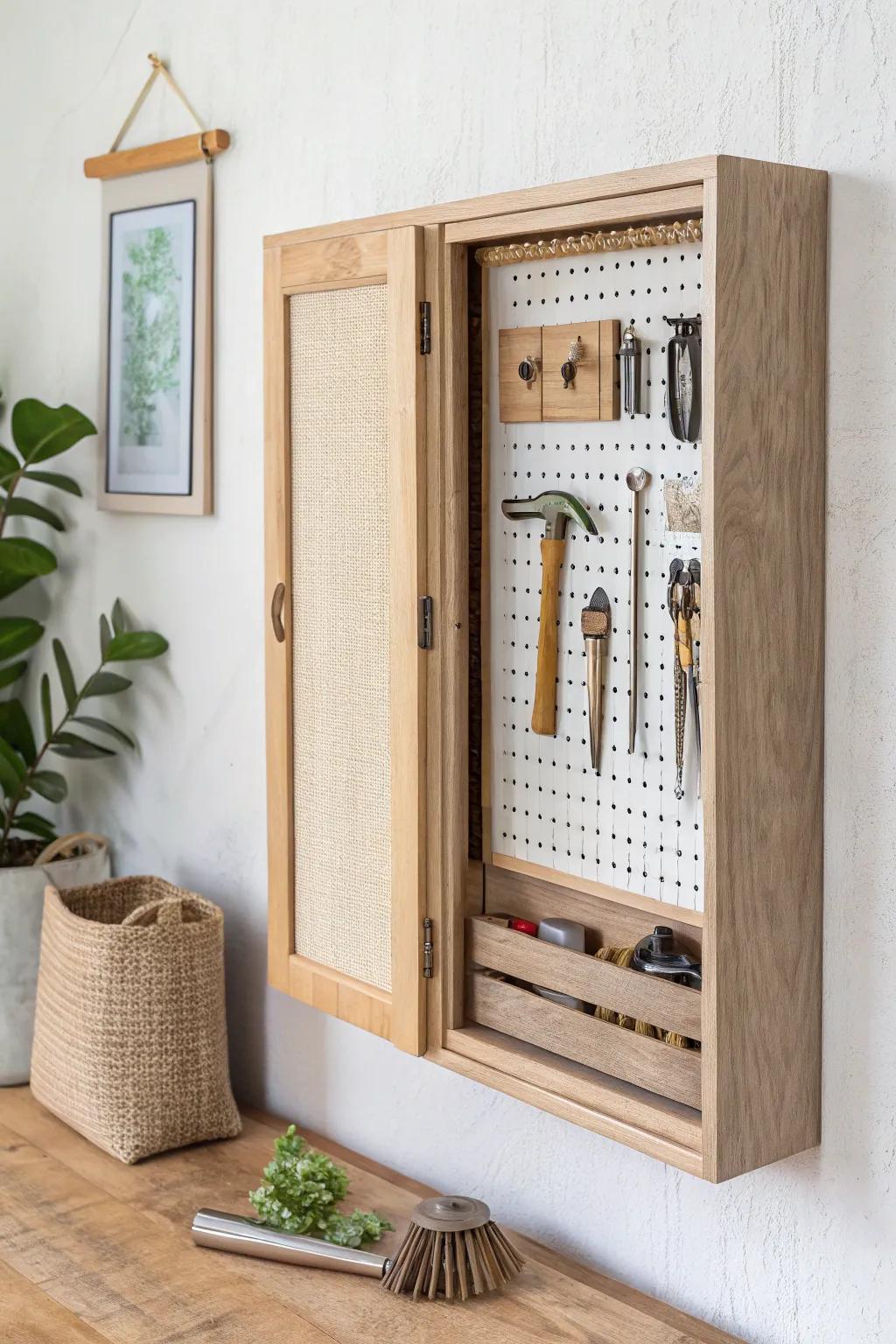A hidden frame-style wall cabinet that stores tools neatly while looking like minimalist art.