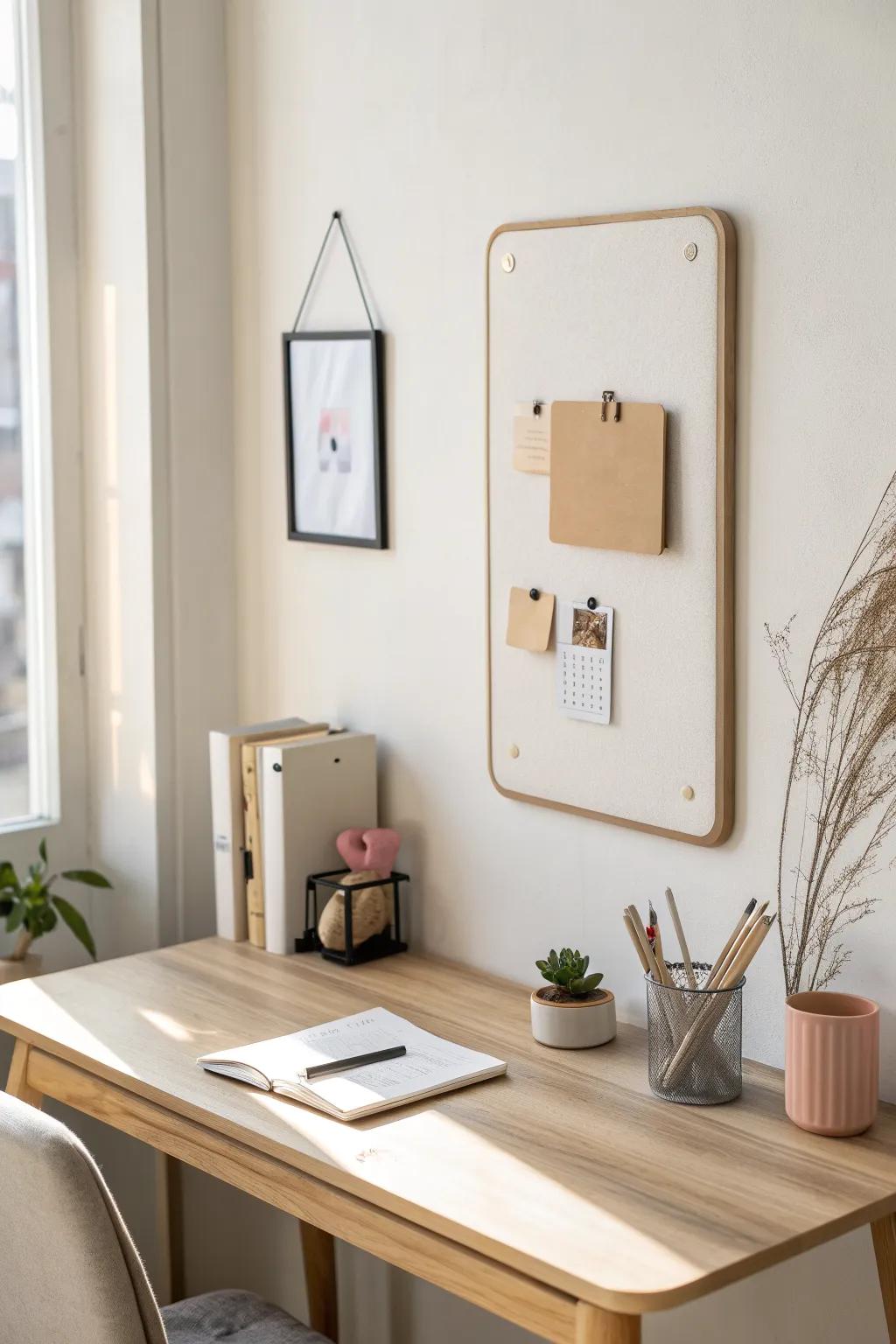 A slim magnetic board keeps tools and makeup visible—and your dorm desk surface perfectly clear.
