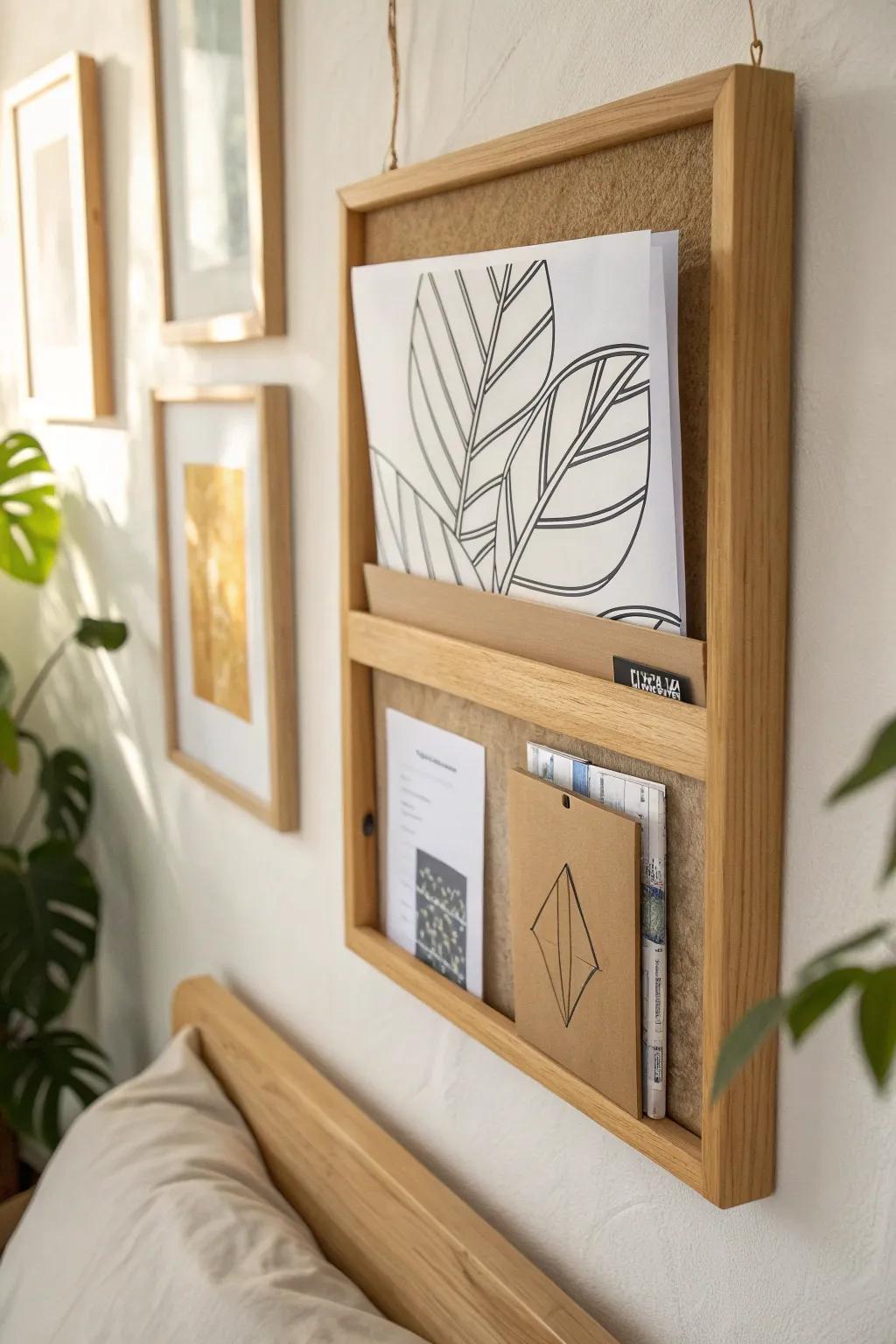 A hidden command center—file pockets tucked behind wall art for clutter-free dorm papers.