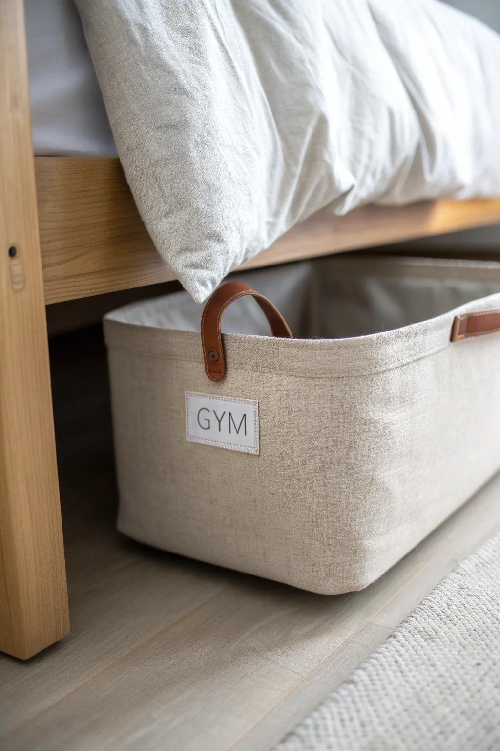 Hidden luxury under the bed: one sleek labeled bin turns dorm clutter into calm style.