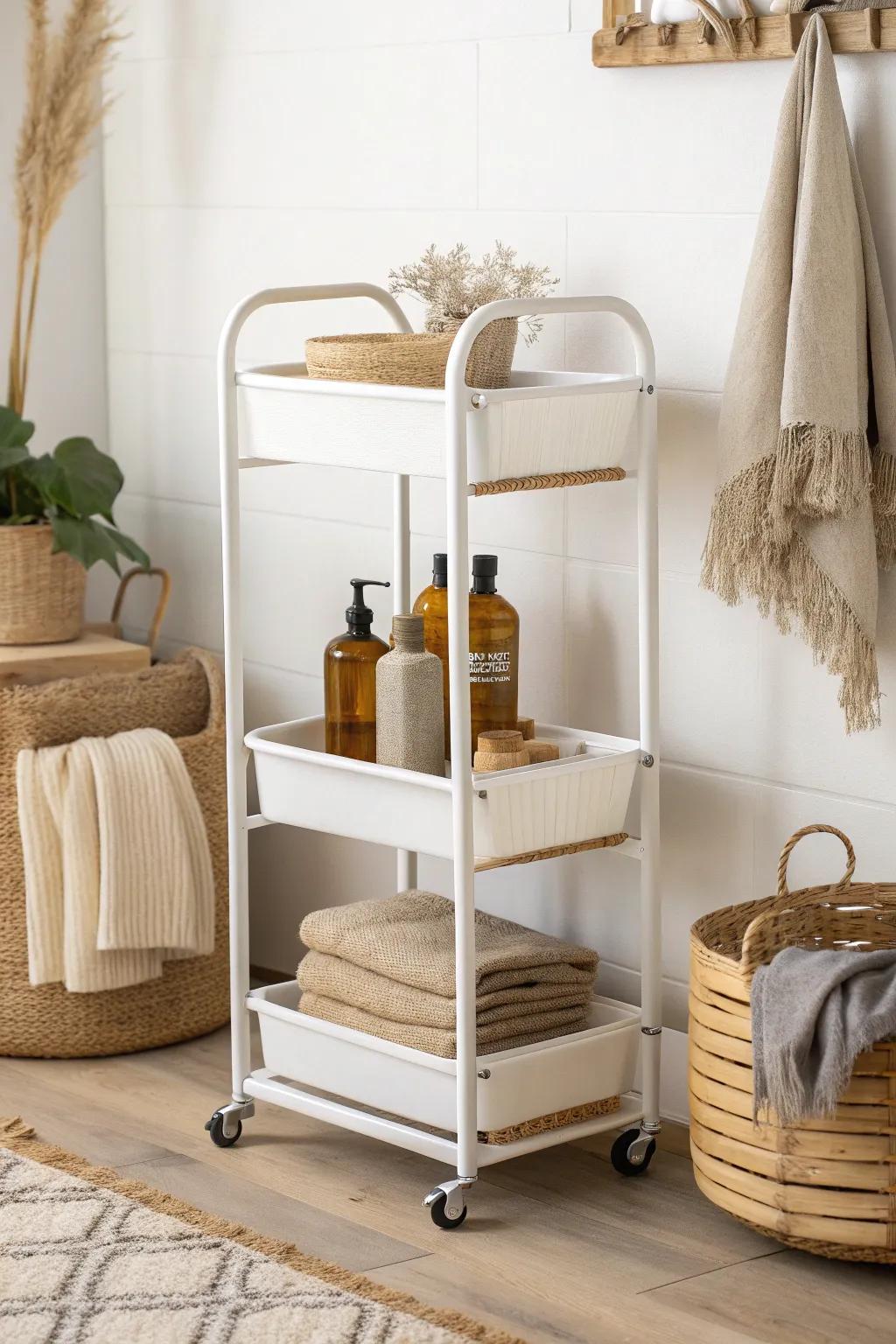 A slim rolling cart micro-zone with pretty bins—an instant snack, skincare, or coffee corner.