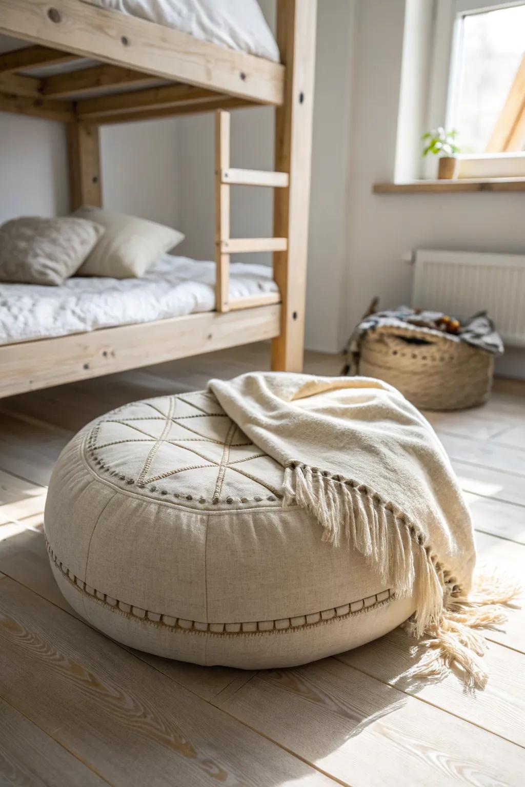 A cozy loft-bed lounge: one oversized floor cushion and a soft throw for instant chill space.