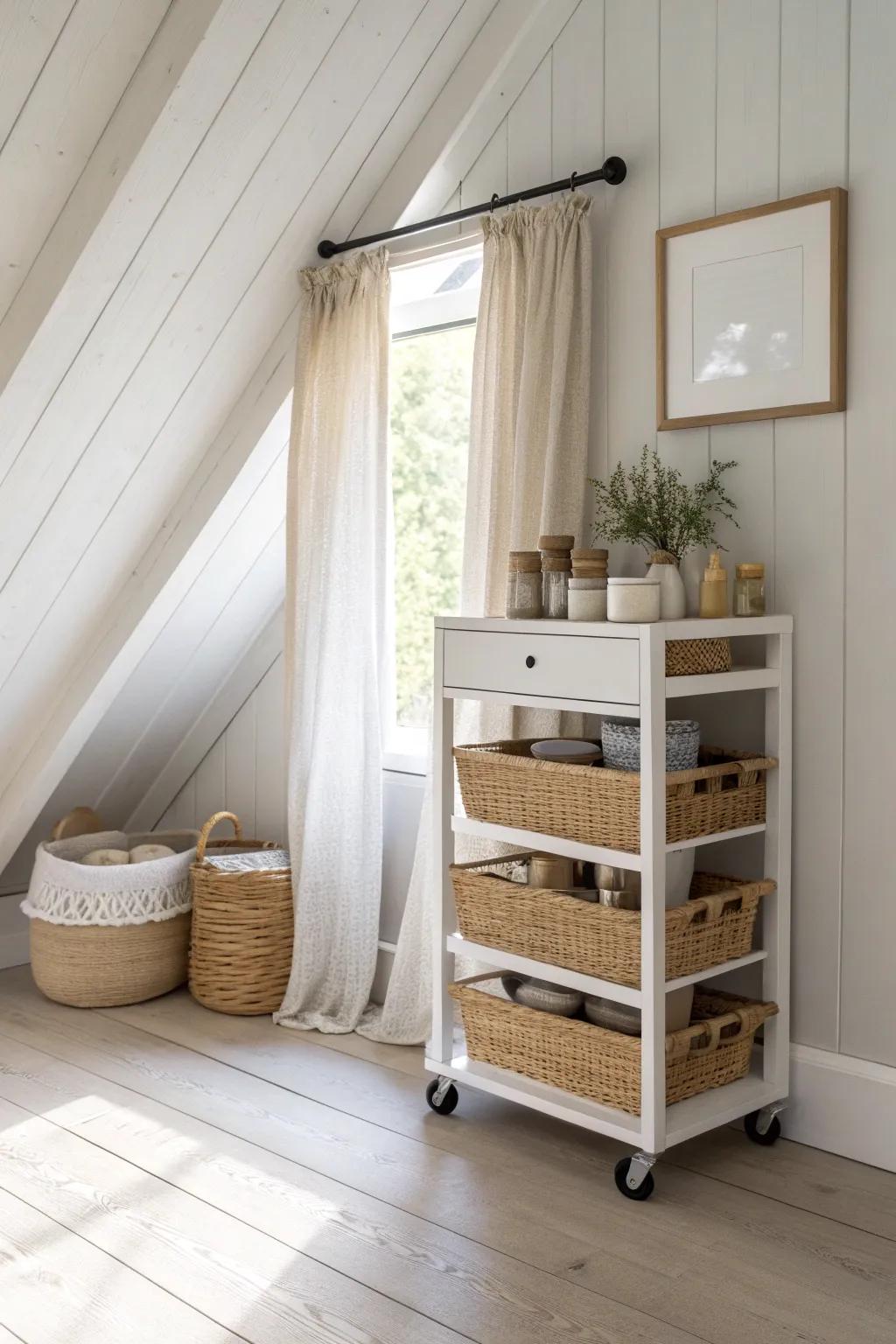 A slim rolling cart turns tricky eaves bays into pull-out storage—rental-friendly and chic.