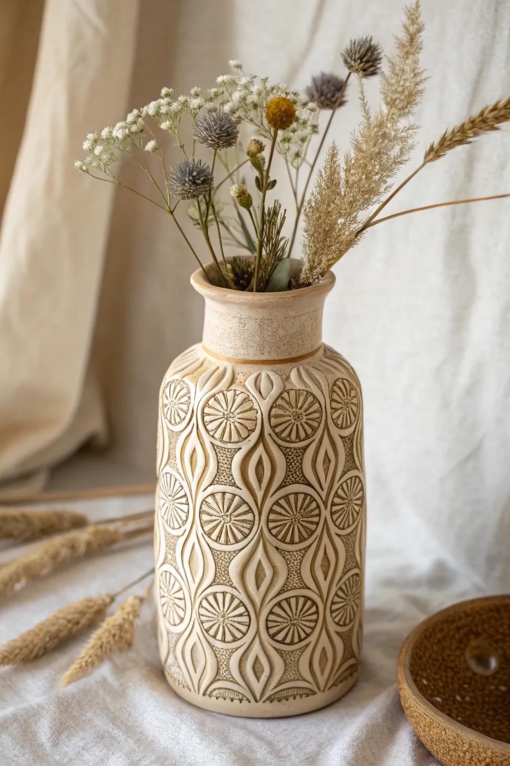 Dive into a world of textures with this beautifully embossed ceramic masterpiece.