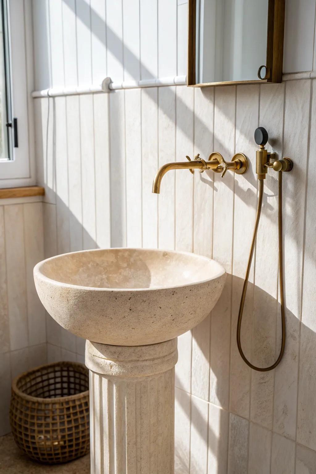 A tiny brass-and-stone rinse basin by the door keeps paws and feet clean—no big mudroom needed.