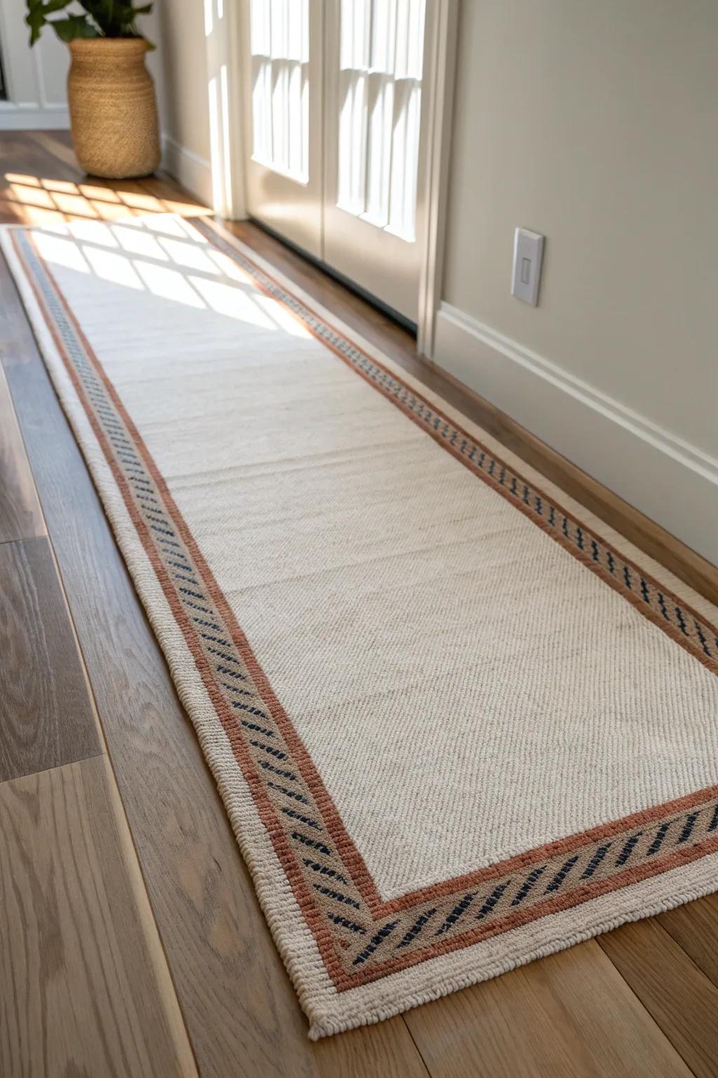 A bordered runner adds a built-in frame, making even a narrow entryway feel elevated.