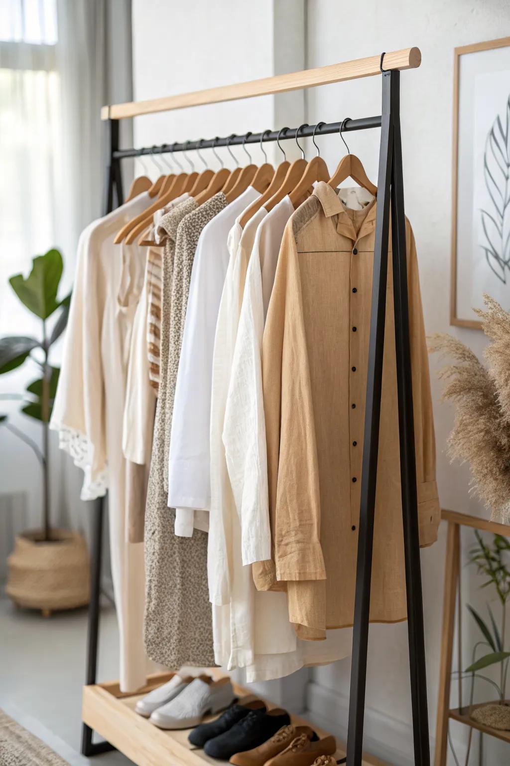 A double-sided garment rack doubles as an exposed closet and chic room divider in a studio.