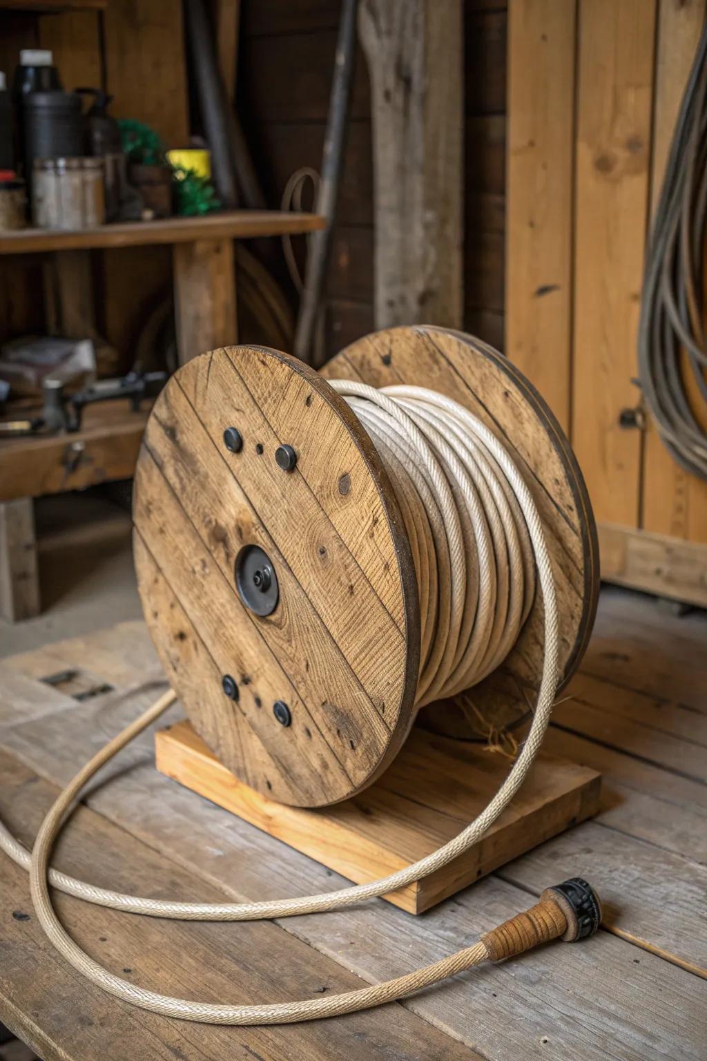 Transform your workspace with a touch of rustic charm: upcycle old spools for organized cords.