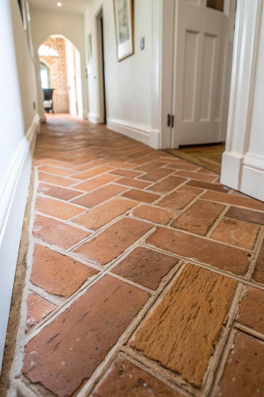 Brick-pattern flooring brings instant farmhouse charm—warm, vintage, and apartment-friendly.