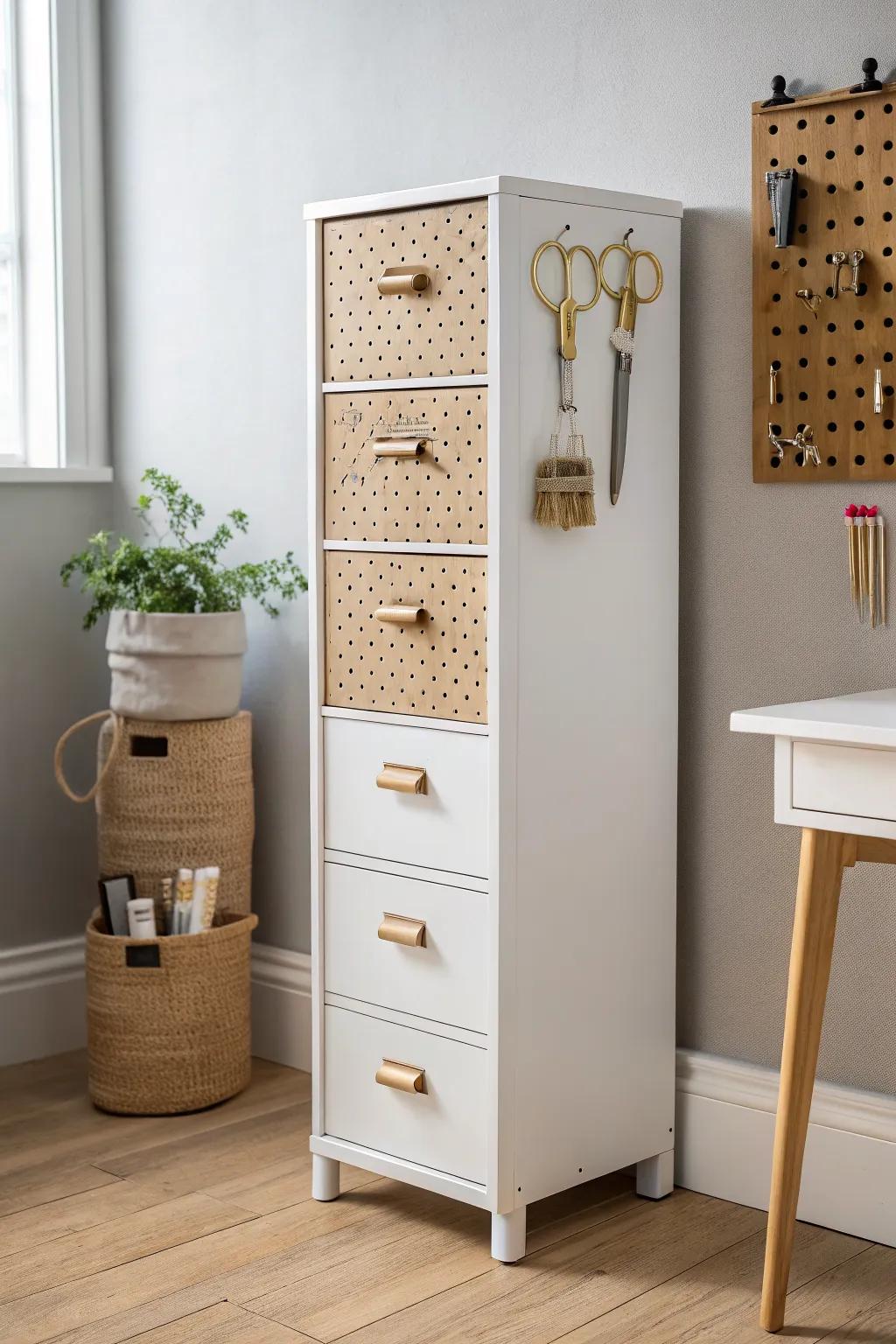 Add a pegboard side panel to your file cabinet for vertical storage in the smallest work zones.