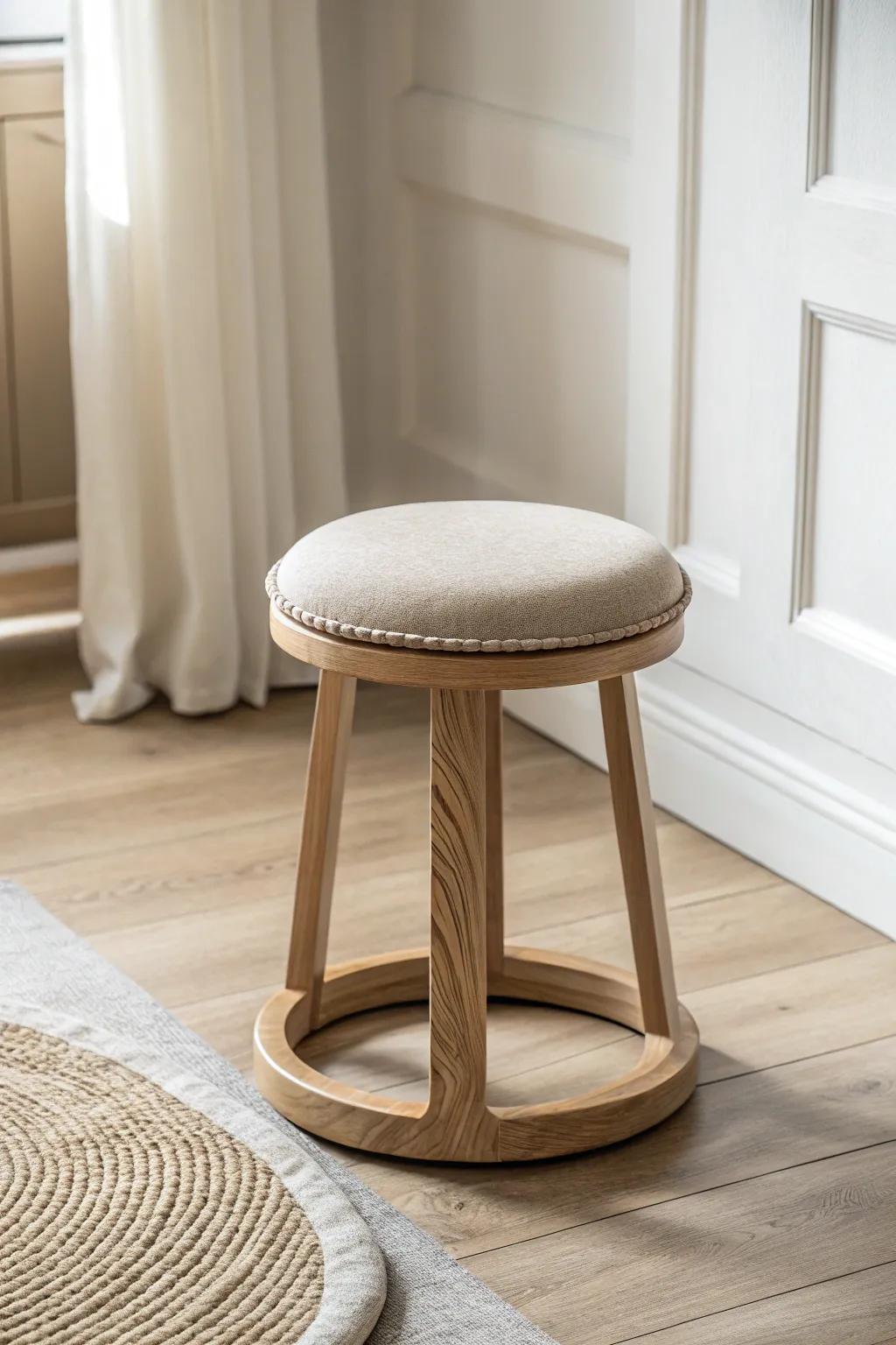 A minimalist wobble stool adds gentle movement and focus—perfect for tiny home offices.
