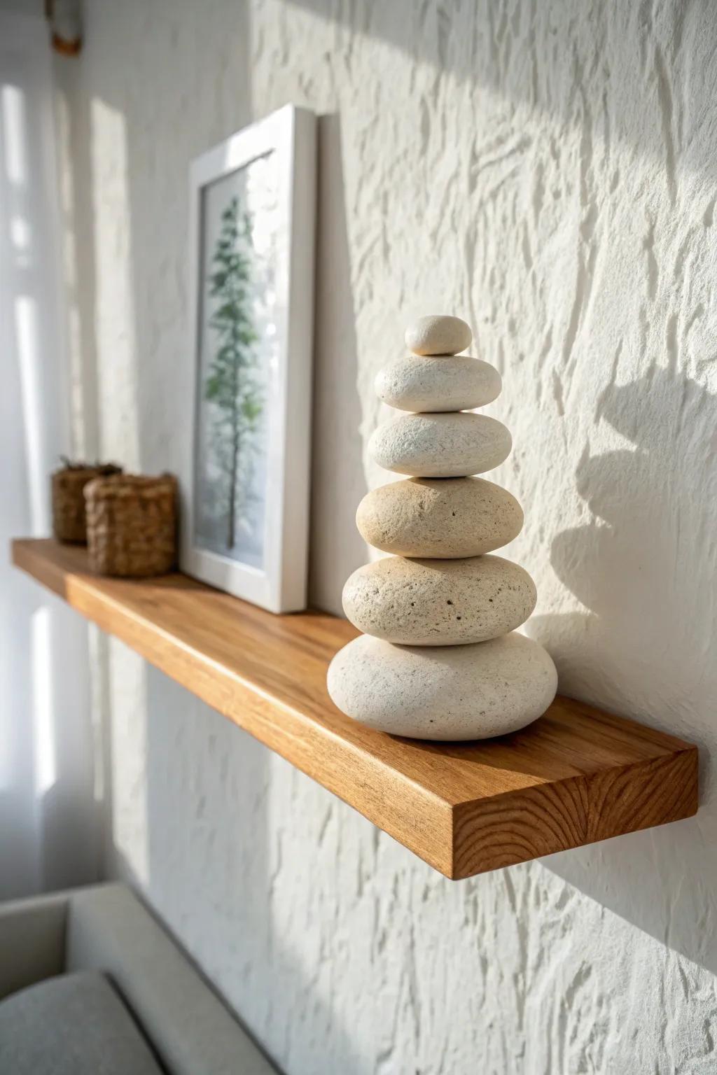 A single handmade ceramic totem on a floating shelf creates a tiny, curated museum vibe.