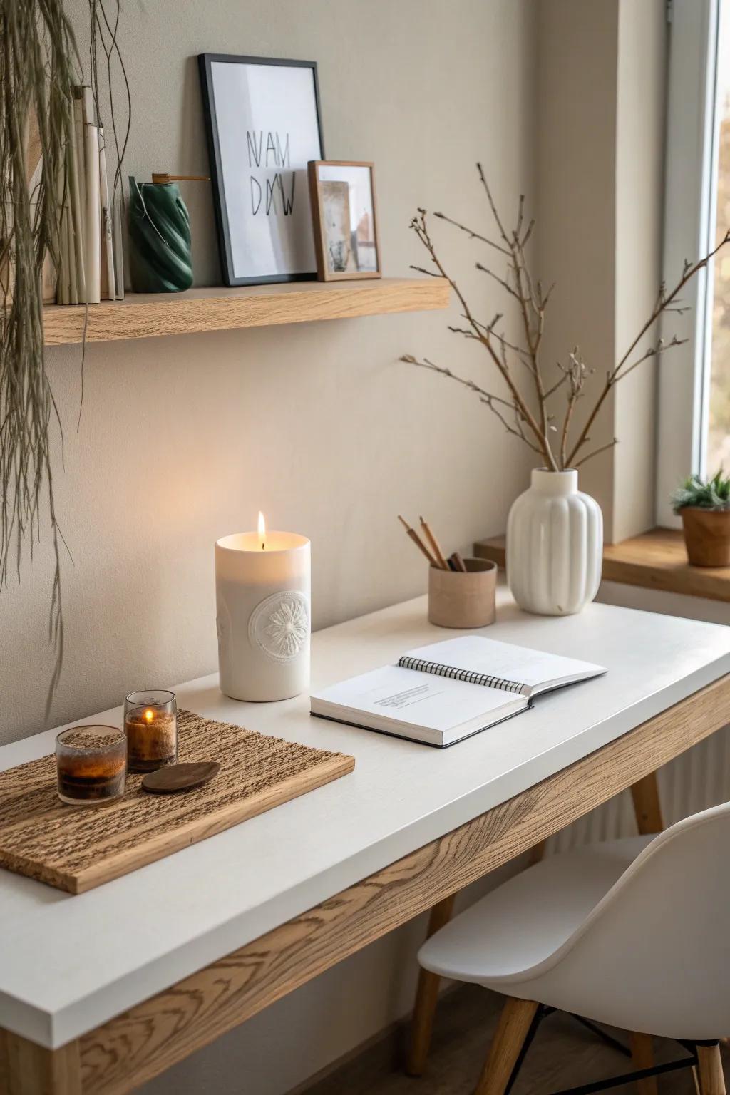 A floating shelf mini gallery—swap one handcrafted piece each season for fresh desk vibes.