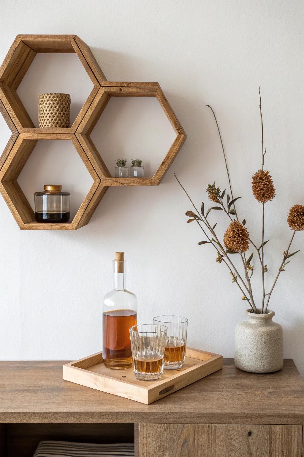 Honeycomb cubby shelf bar: a chic floating display that keeps bottles and glasses perfectly in place.