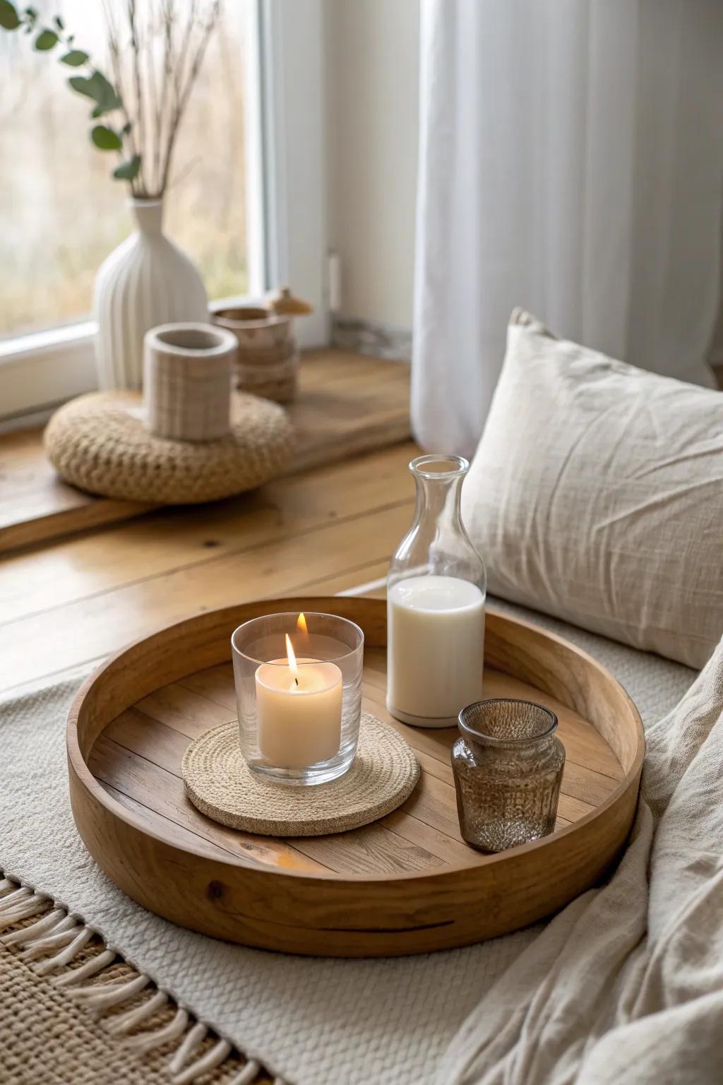 A tray-and-candle centerpiece instantly makes simple floor seating feel styled and intentional.