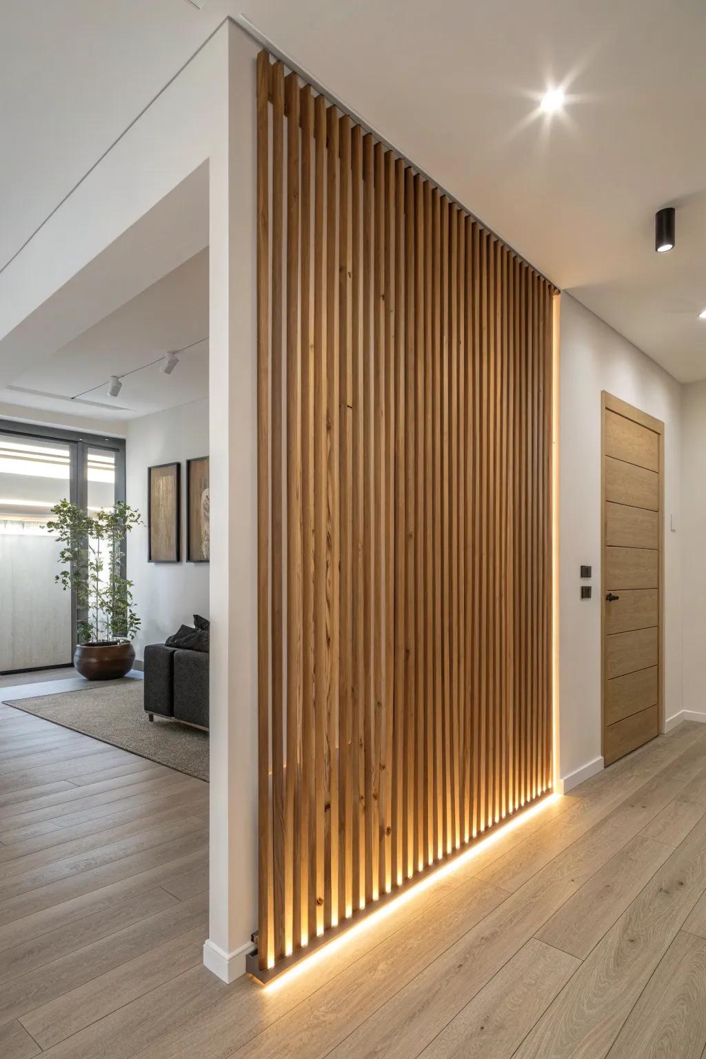 A backlit slat divider that zones a tiny room while adding a soft, cozy glow at night.