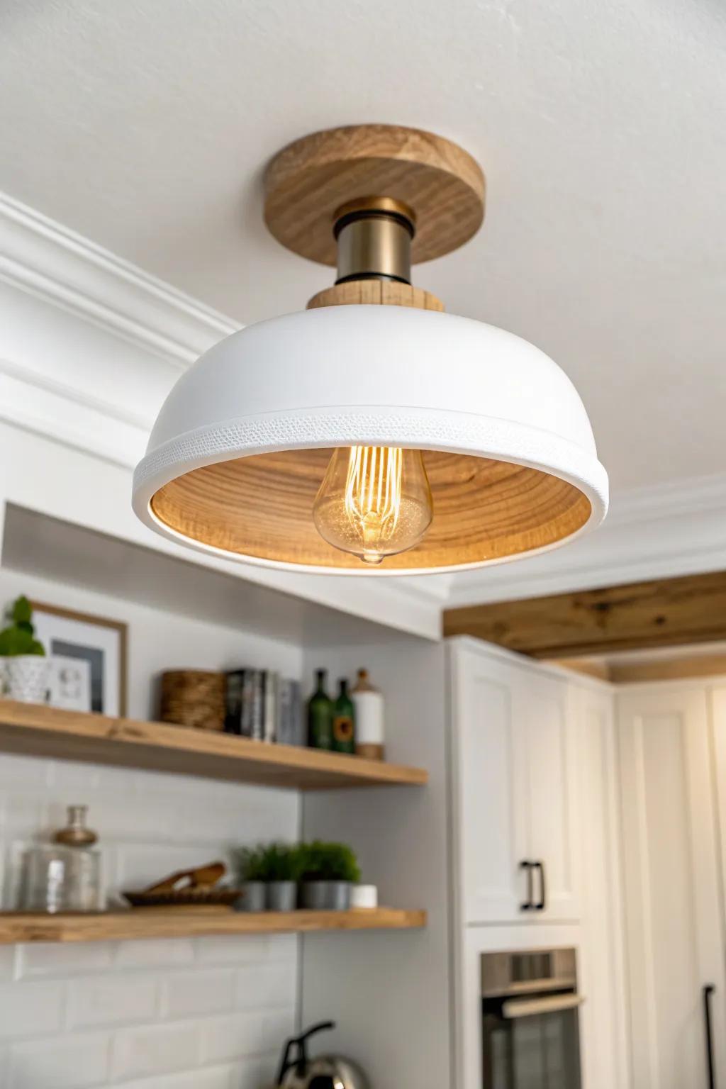 Two-tone flush mount: warm wood-toned interior that perfectly echoes open shelving accents.