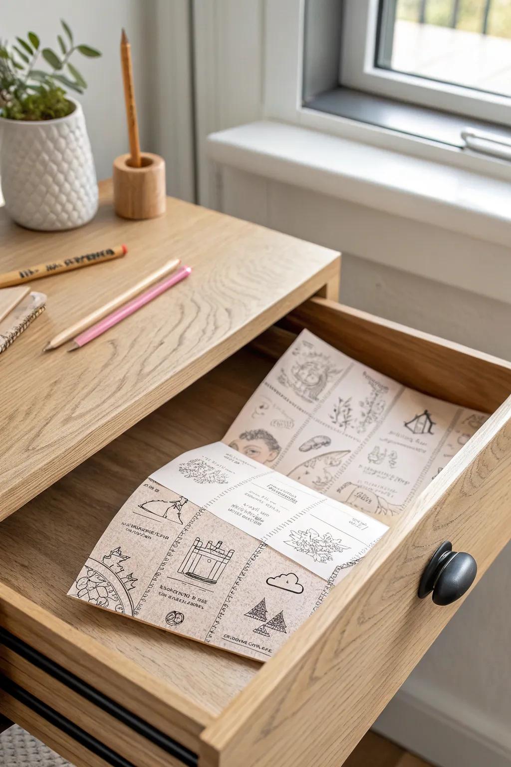 A foldable accordion drawer map—pretty, minimal, and the fastest way to find hidden storage.