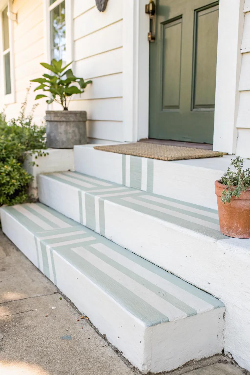 Soft striped step risers turn plain concrete into a custom, clutter-free front stoop moment.