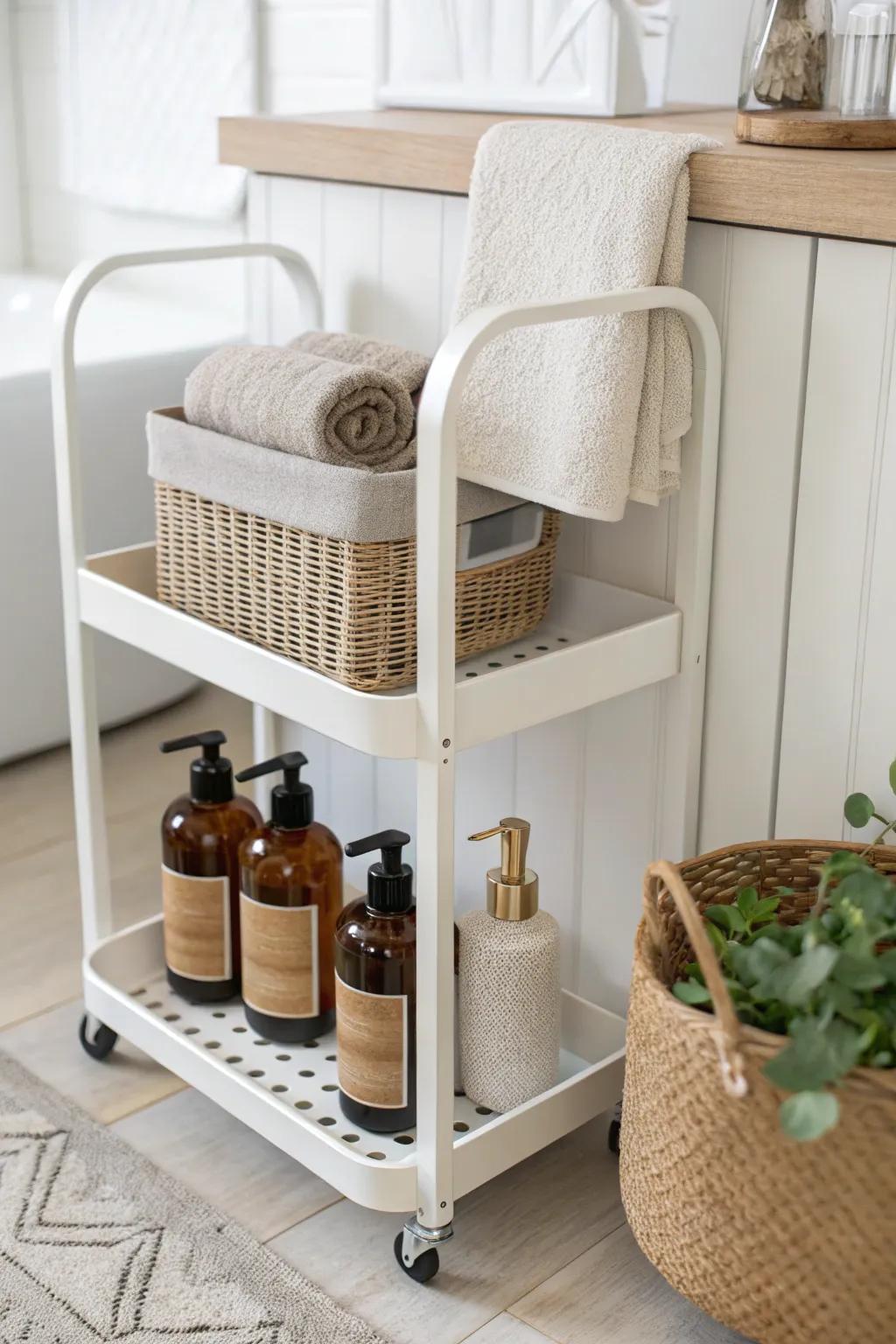 A slim rolling cart turns narrow galley bathroom space into a chic mini “pantry” station.
